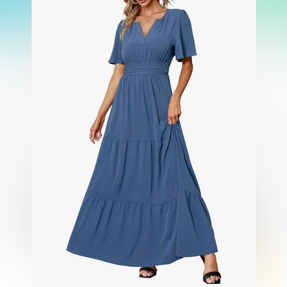 Amegoya women’s summer boho maxi dress casual vneck short sleeve empire waist-xl